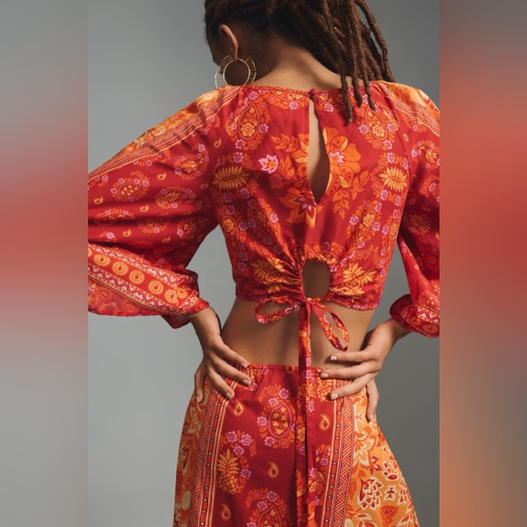 NEW Farm Rio Printed Cutout Tiered-Hem Boho Maxi Dress | Orange Motif - Picture 3 of 9